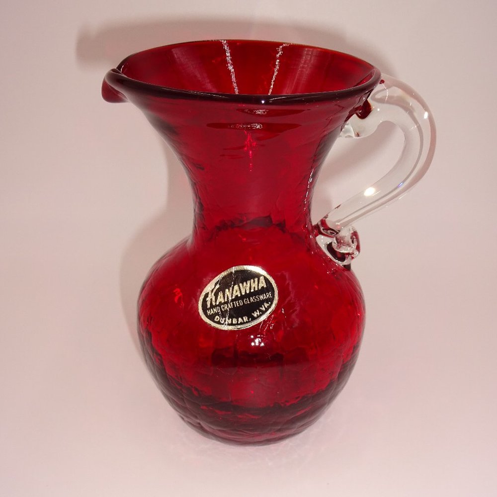Vintage Kanawha Red Hand Crafted Glassware Crackle Glass Pitcher 5" Clear Handle